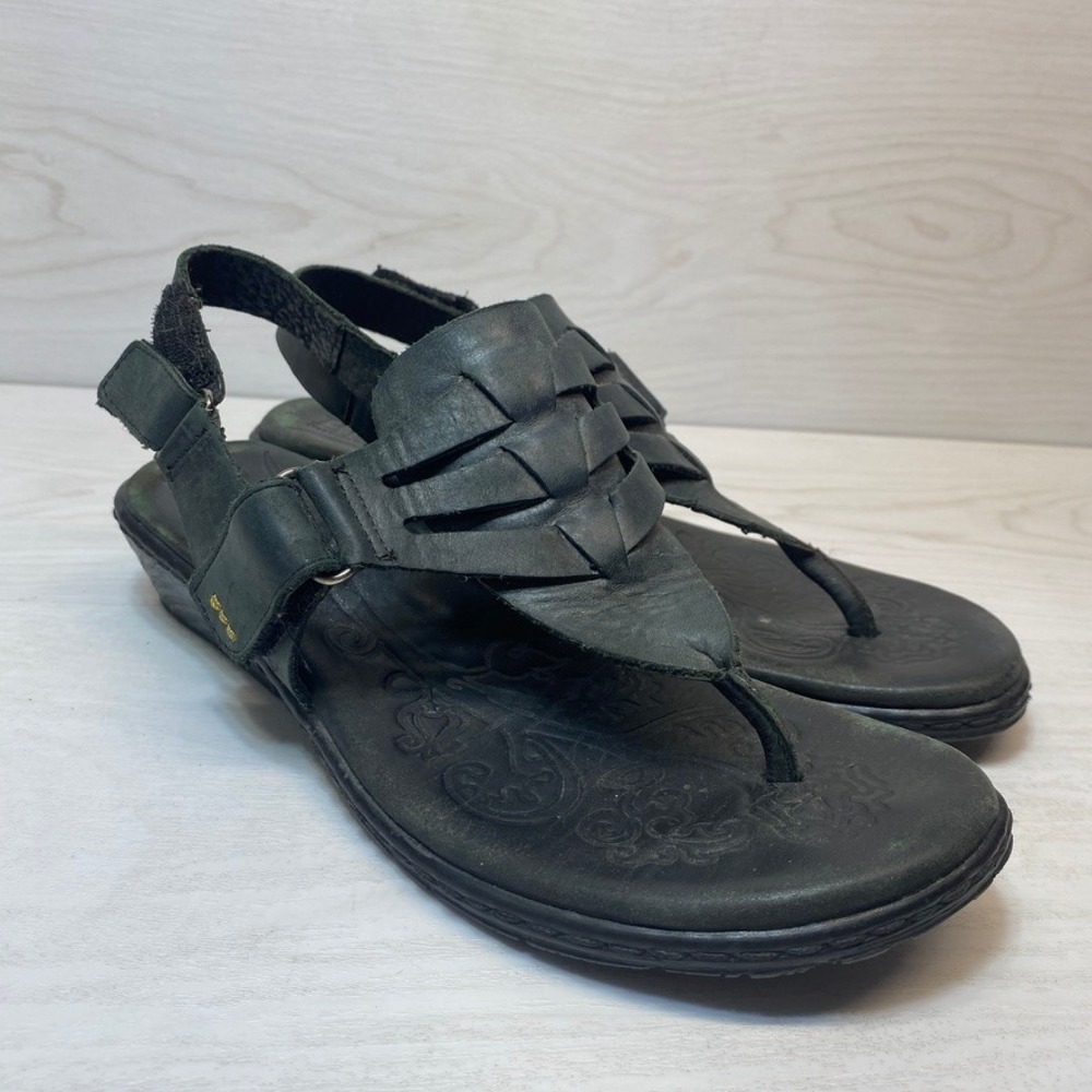 Born Womens 9 Sandal Thong Wedge Black Leather Woven Comfort Casual Walking Shoe